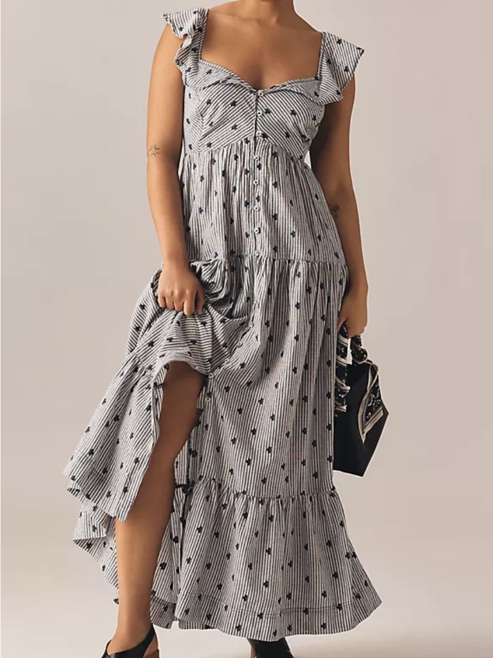 Anthropologie Black & White Striped Maxi Dress with Flutter Sleeves